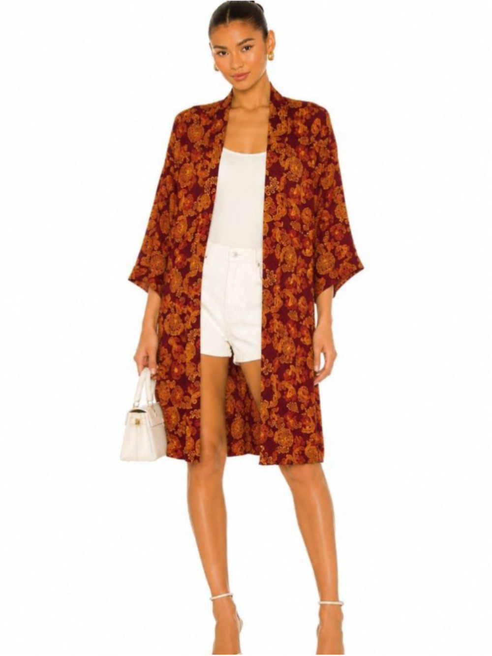 Treasure & Bond Paisley Kimono One Size Burgundy Mustard Boho Open Front Cardiga